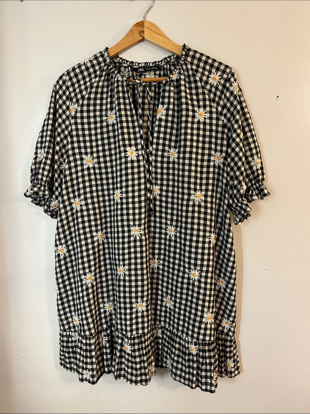 Zara Black & White Gingham Daisy Tie-Neck Kids Dress